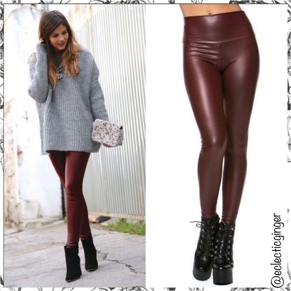Burgundy red faux leather high waisted leggings L - Picture 2 of 5